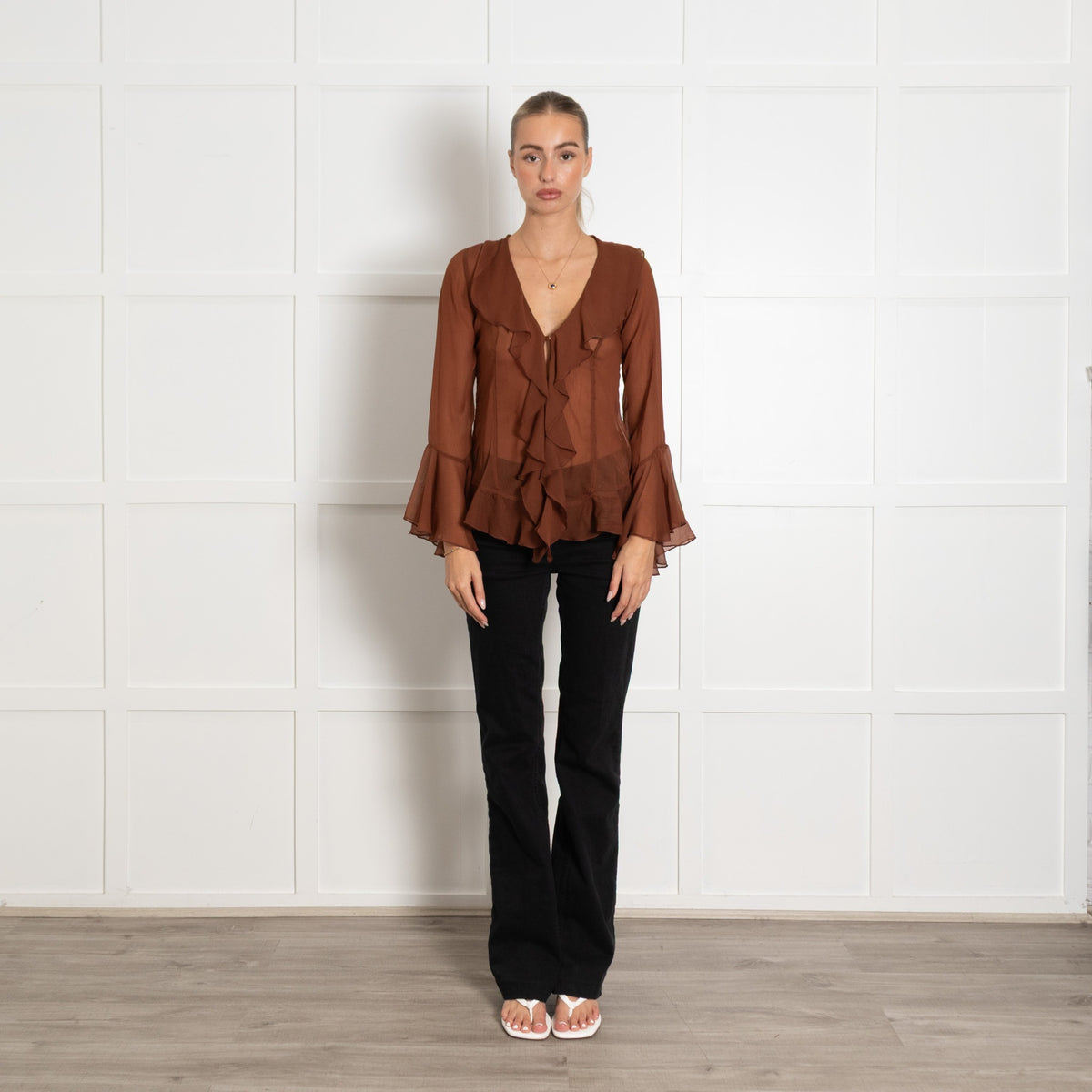 Free People Brown Sheer L/S Frill Top - Image 1