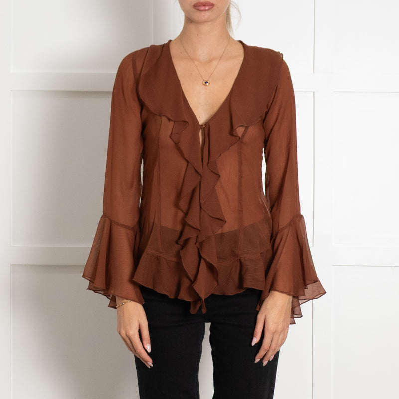 Free People Brown Sheer L/S Frill Top - Image 2