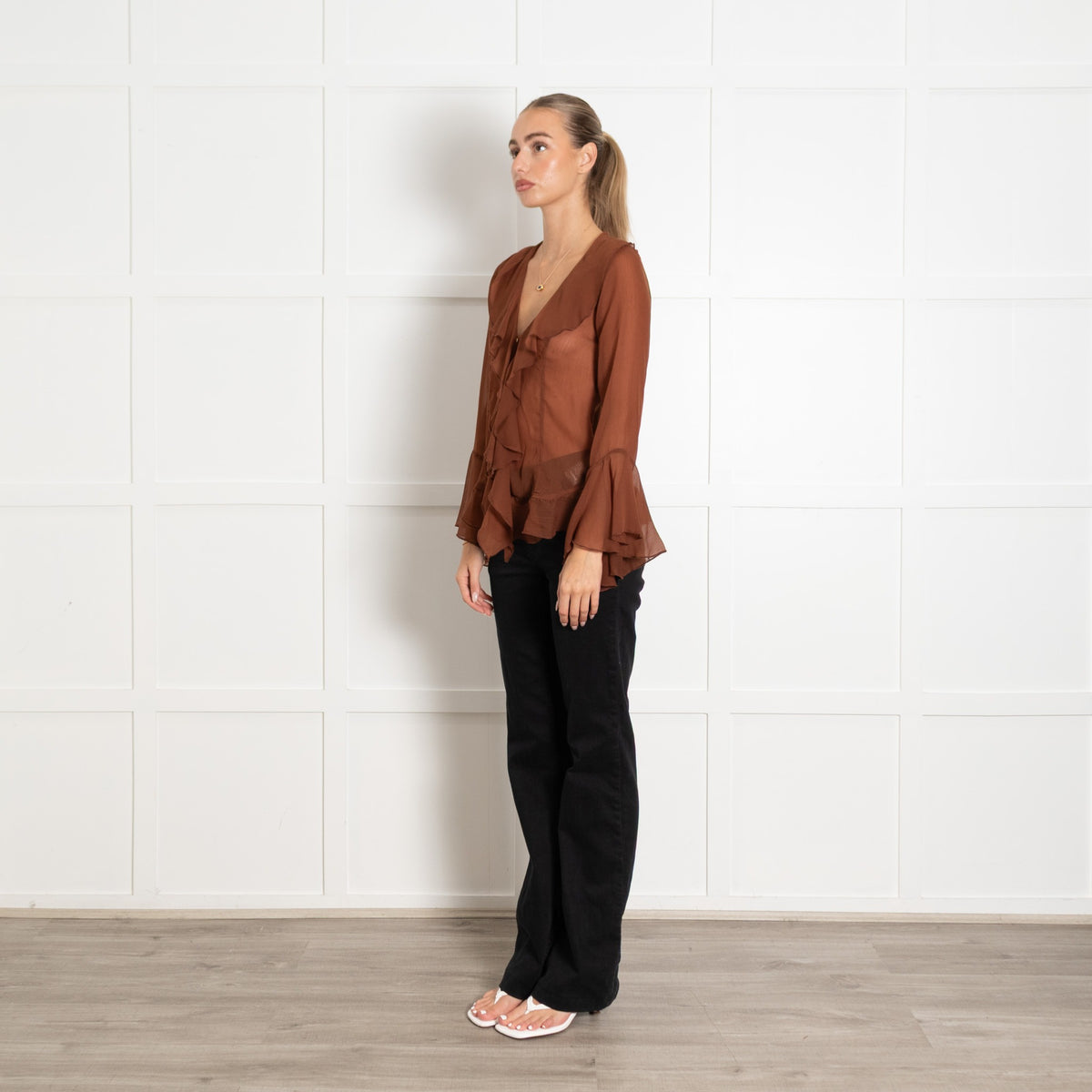 Free People Brown Sheer L/S Frill Top - Image 3