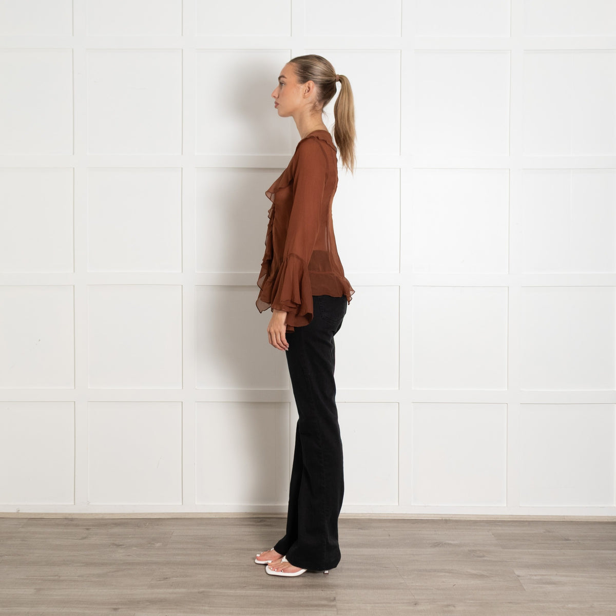 Free People Brown Sheer L/S Frill Top - Image 4