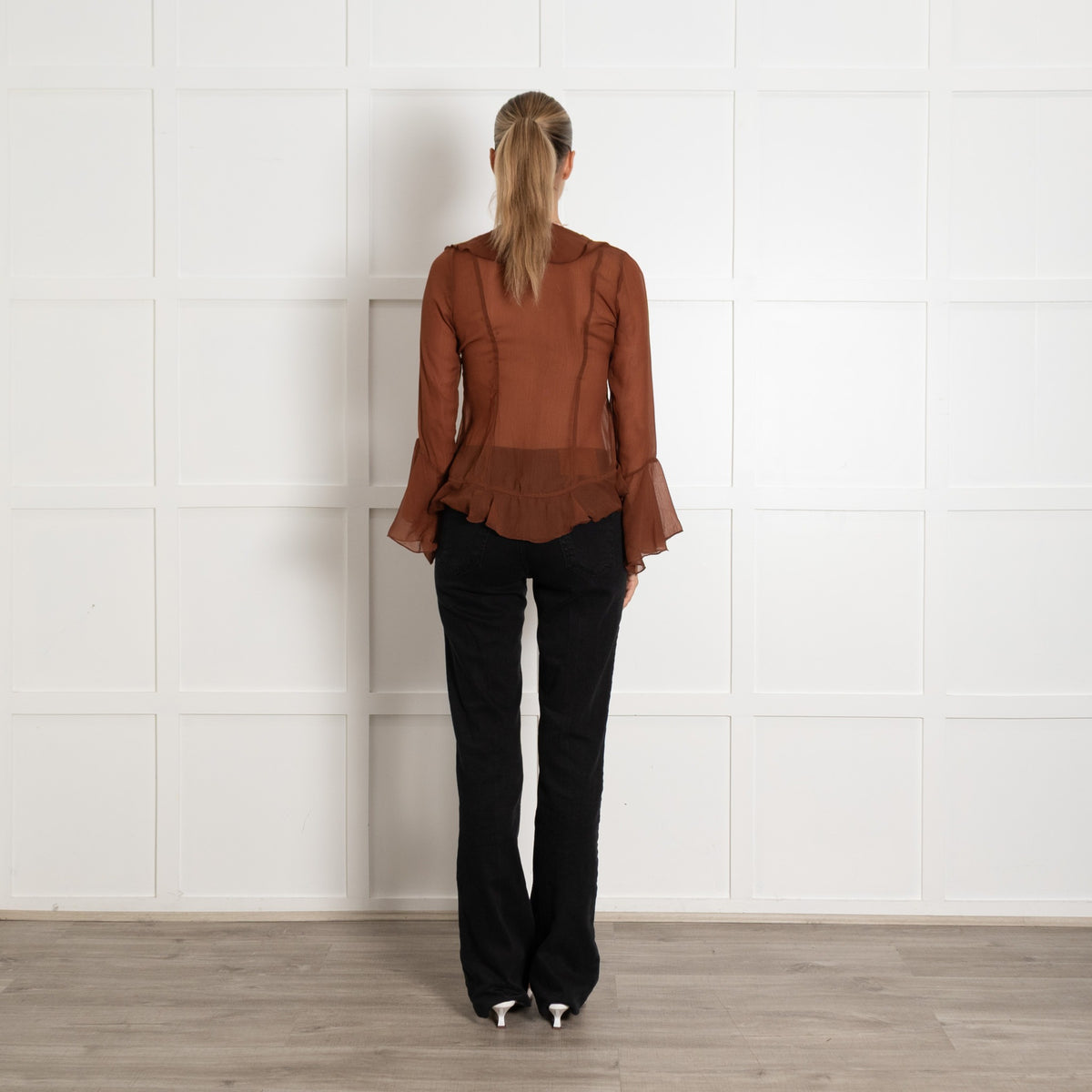 Free People Brown Sheer L/S Frill Top - Image 5