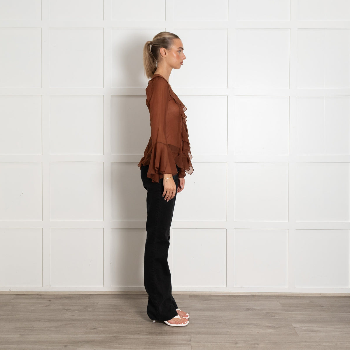 Free People Brown Sheer L/S Frill Top - Image 6