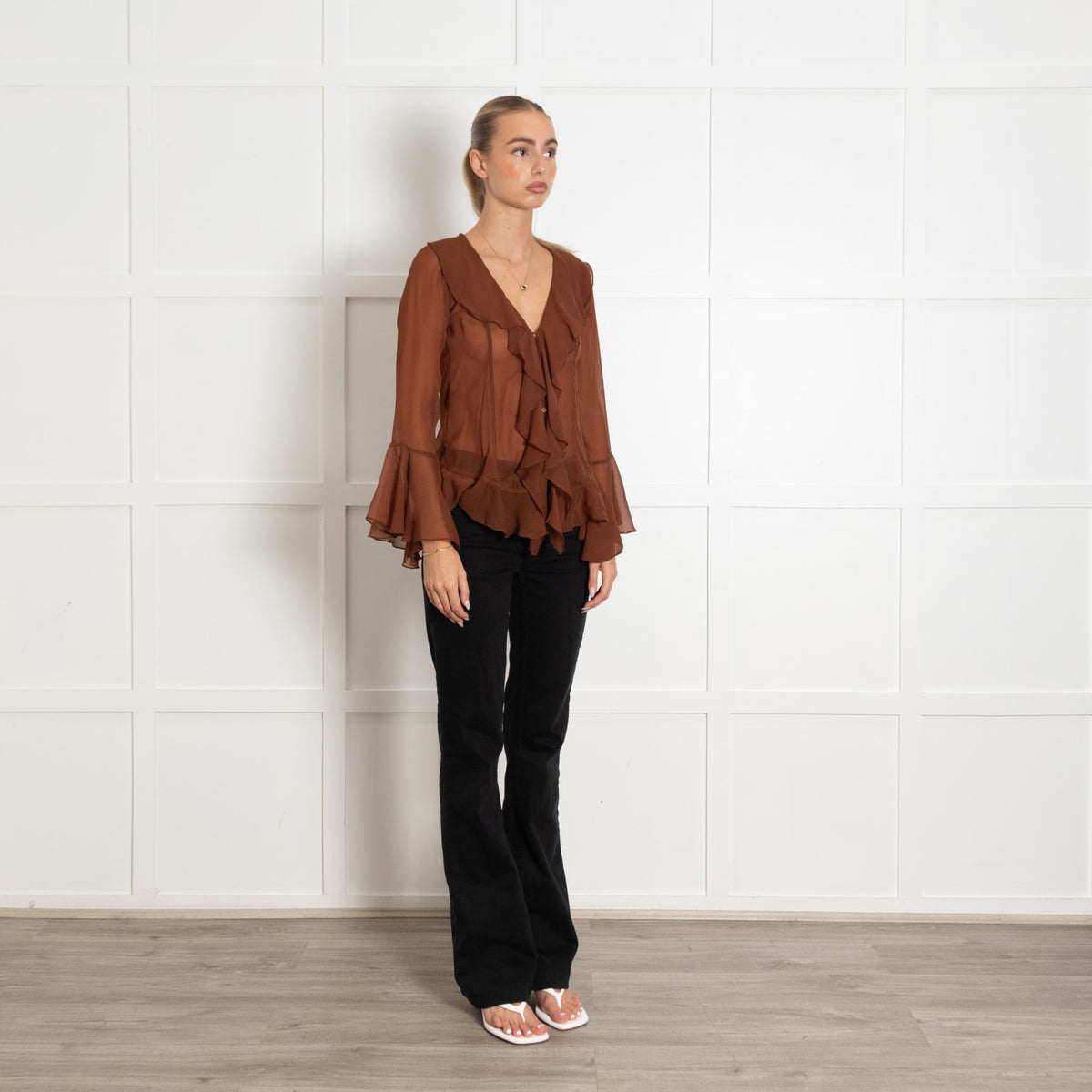 Free People Brown Sheer L/S Frill Top - Image 7