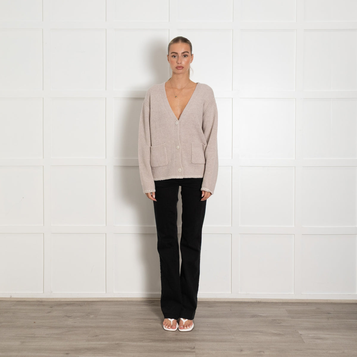 Frieda & Freddies Taupe Oversized Wool Cardigan With White Stitch Trim UK 6 - Image 2