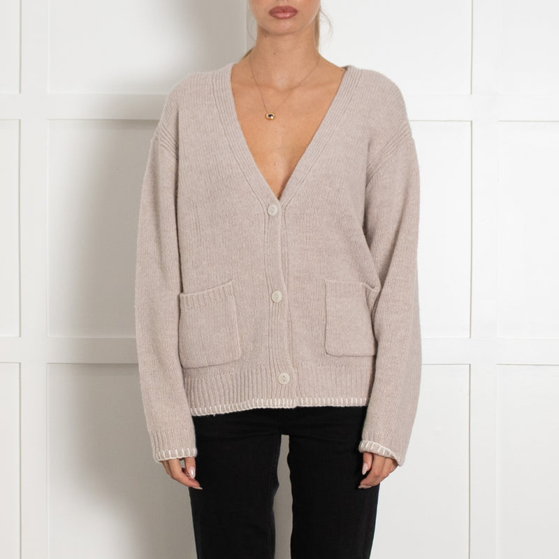Frieda & Freddies Taupe Oversized Wool Cardigan With White Stitch Trim UK 6 - Image 1