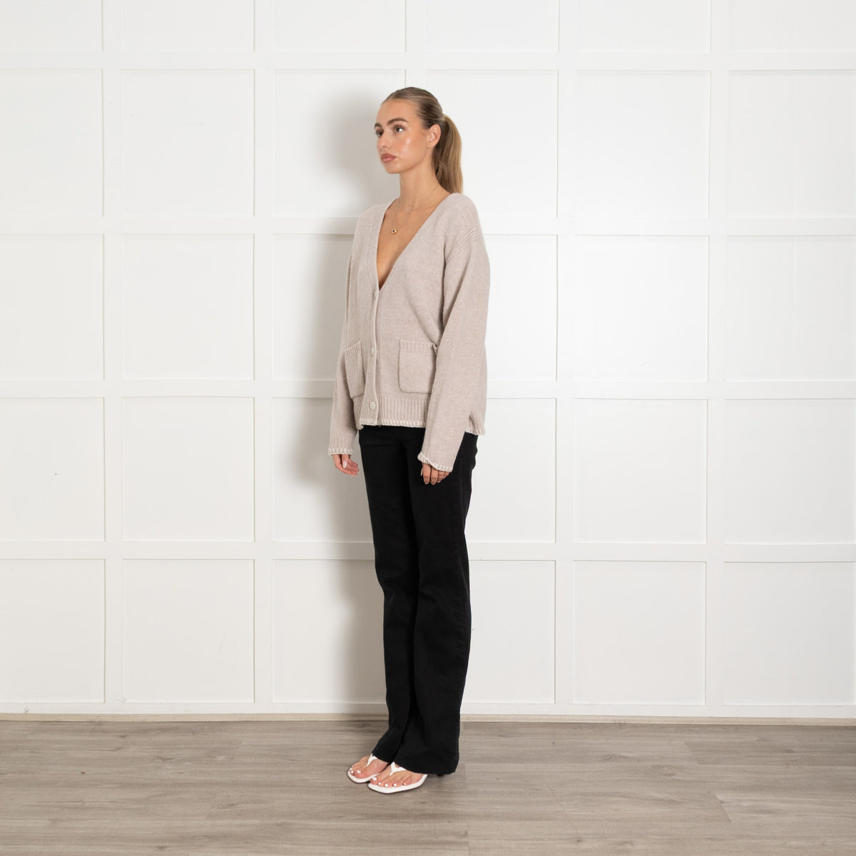 Frieda & Freddies Taupe Oversized Wool Cardigan With White Stitch Trim UK 6 - Image 3