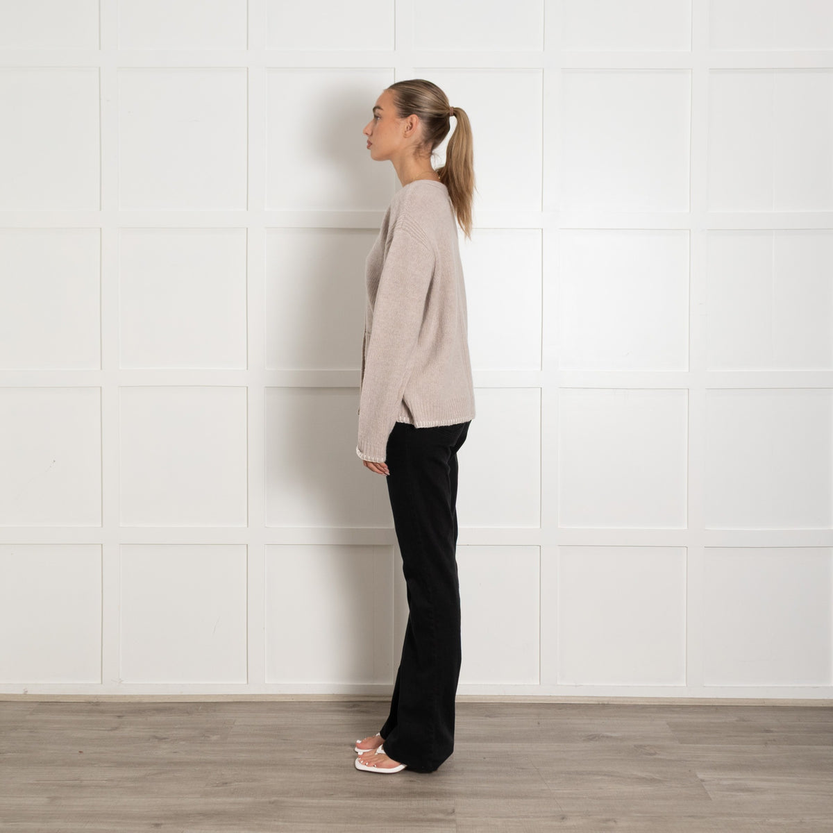 Frieda & Freddies Taupe Oversized Wool Cardigan With White Stitch Trim UK 6 - Image 4