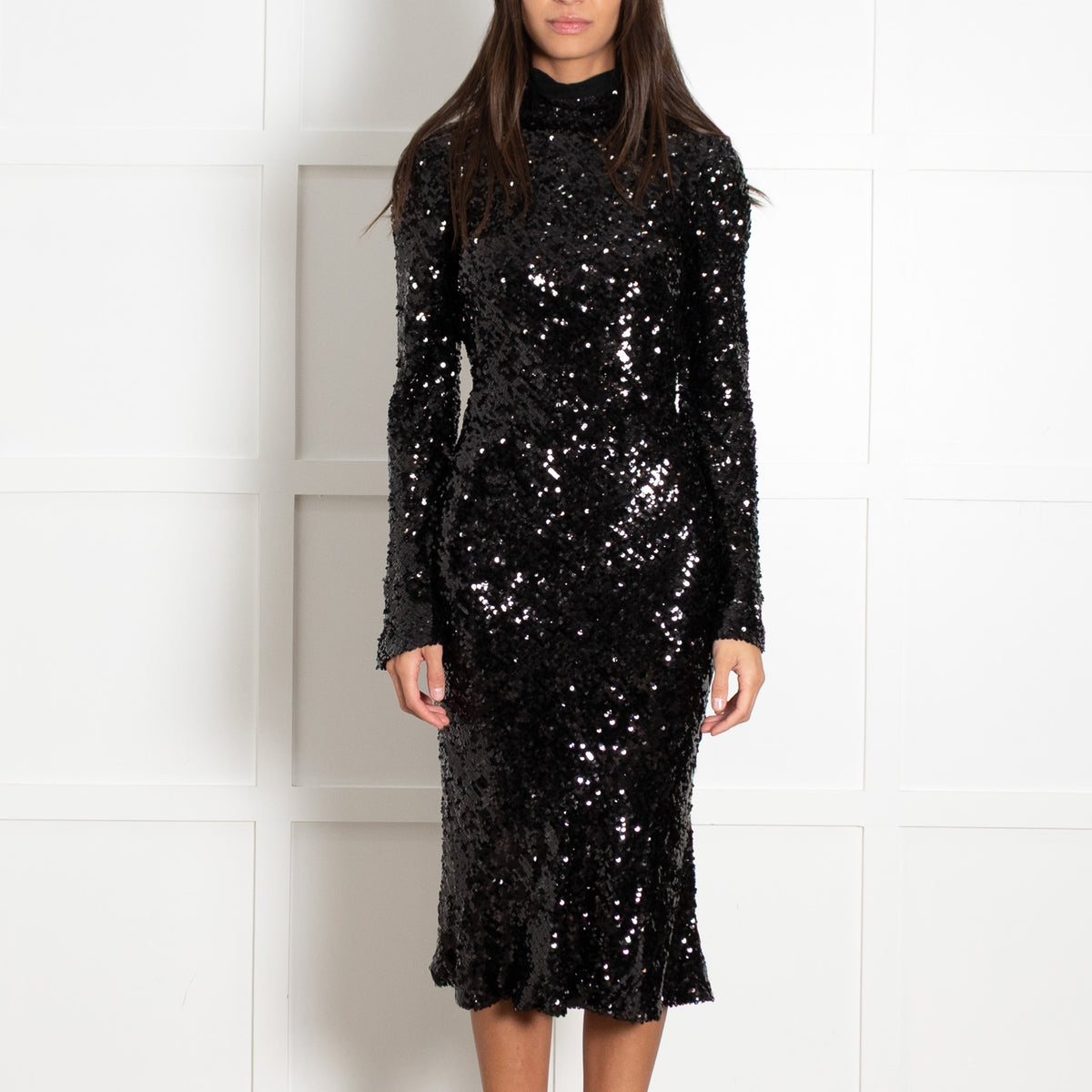 Galvan London Black Sequin Drop Back Longsleeve Dress - Image 1