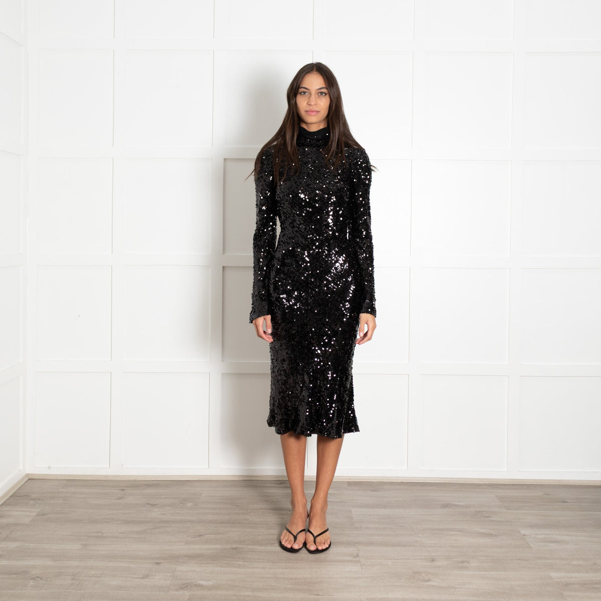 Galvan London Black Sequin Drop Back Longsleeve Dress - Image 2