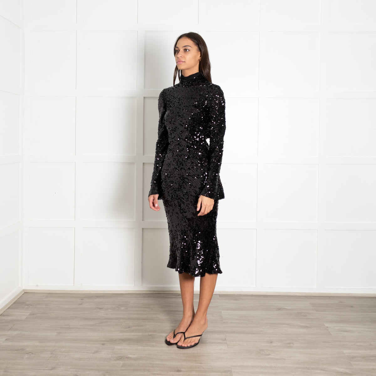 Galvan London Black Sequin Drop Back Longsleeve Dress - Image 7