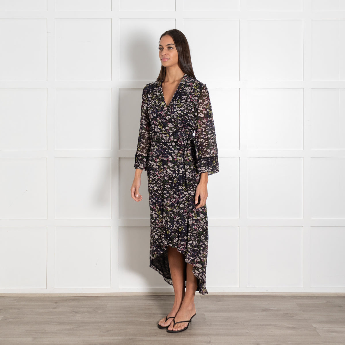 Ganni Black Floral Wraparound Dress - Image 3