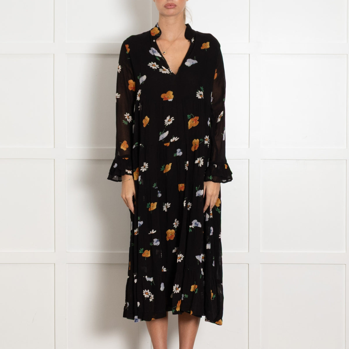 Ganni Black White Yellow Floral Tiered Long Sleeve Dress - Image 1