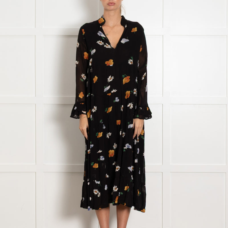 Ganni Black White Yellow Floral Tiered Long Sleeve Dress - Image 1