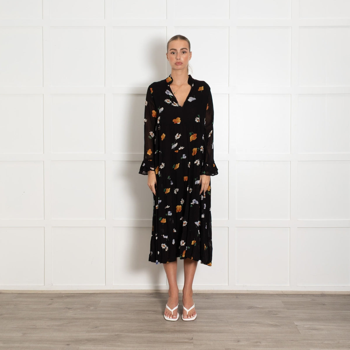 Ganni Black White Yellow Floral Tiered Long Sleeve Dress - Image 2