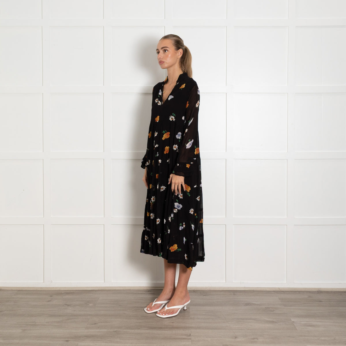 Ganni Black White Yellow Floral Tiered Long Sleeve Dress - Image 3