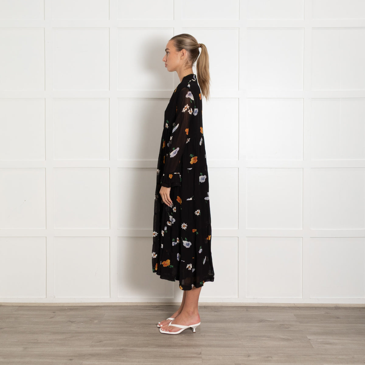 Ganni Black White Yellow Floral Tiered Long Sleeve Dress - Image 4