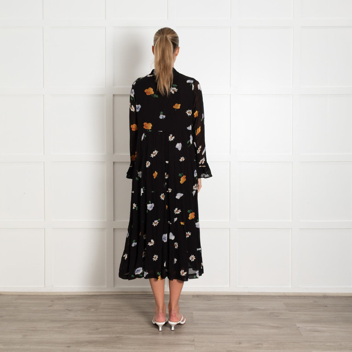 Ganni Black White Yellow Floral Tiered Long Sleeve Dress - Image 5