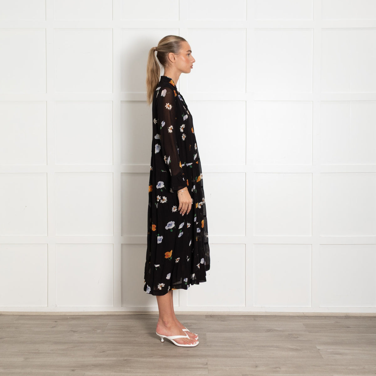 Ganni Black White Yellow Floral Tiered Long Sleeve Dress - Image 6