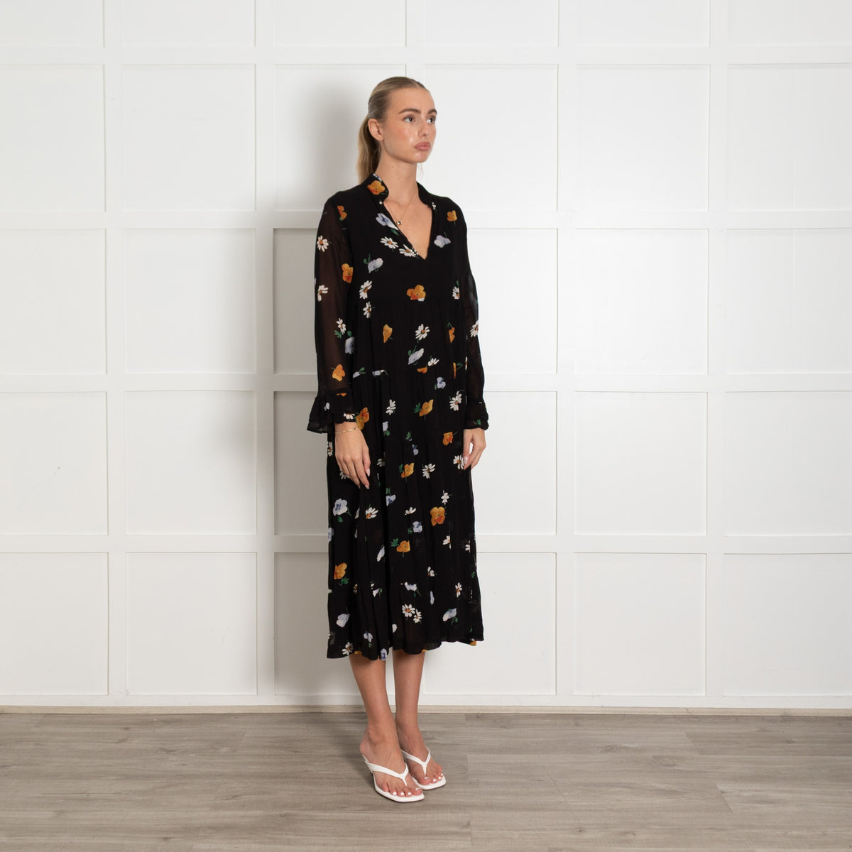 Ganni Black White Yellow Floral Tiered Long Sleeve Dress - Image 7