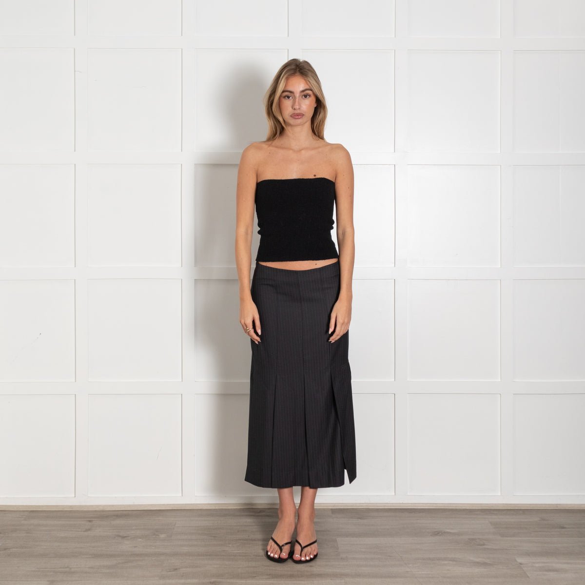 Ganni Dark Grey and Navy Pinstripe Midi Skirt - Image 1