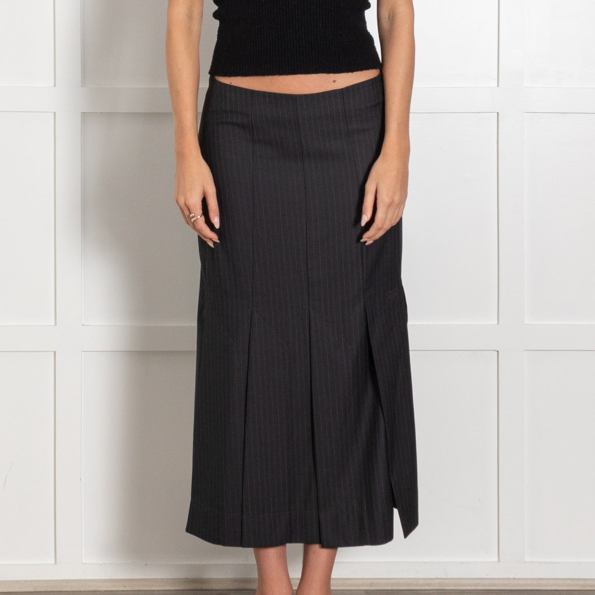 Ganni Dark Grey and Navy Pinstripe Midi Skirt - Image 2