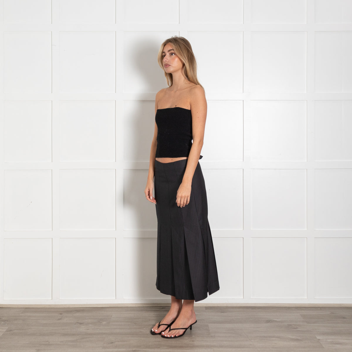 Ganni Dark Grey and Navy Pinstripe Midi Skirt - Image 3