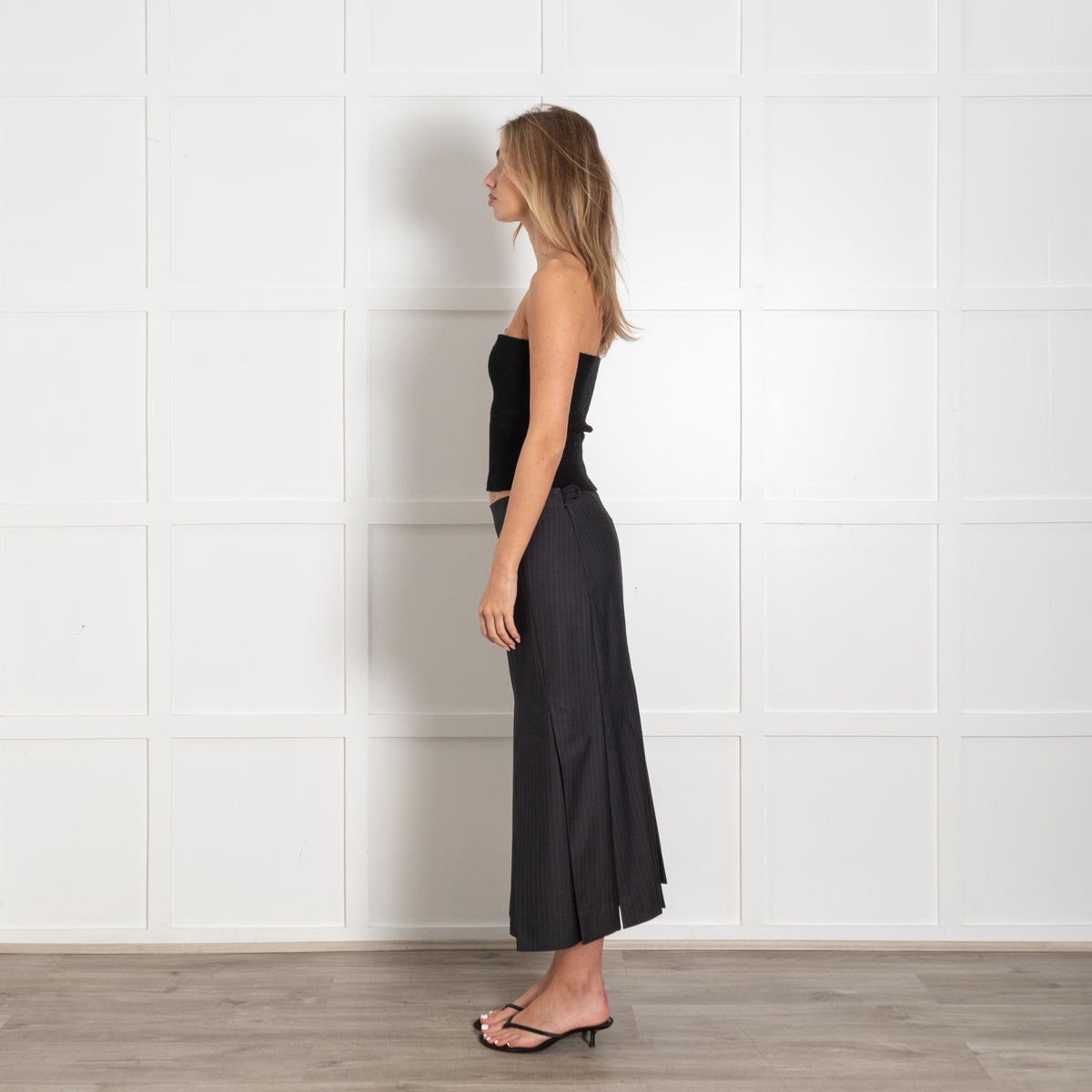 Ganni Dark Grey and Navy Pinstripe Midi Skirt - Image 4