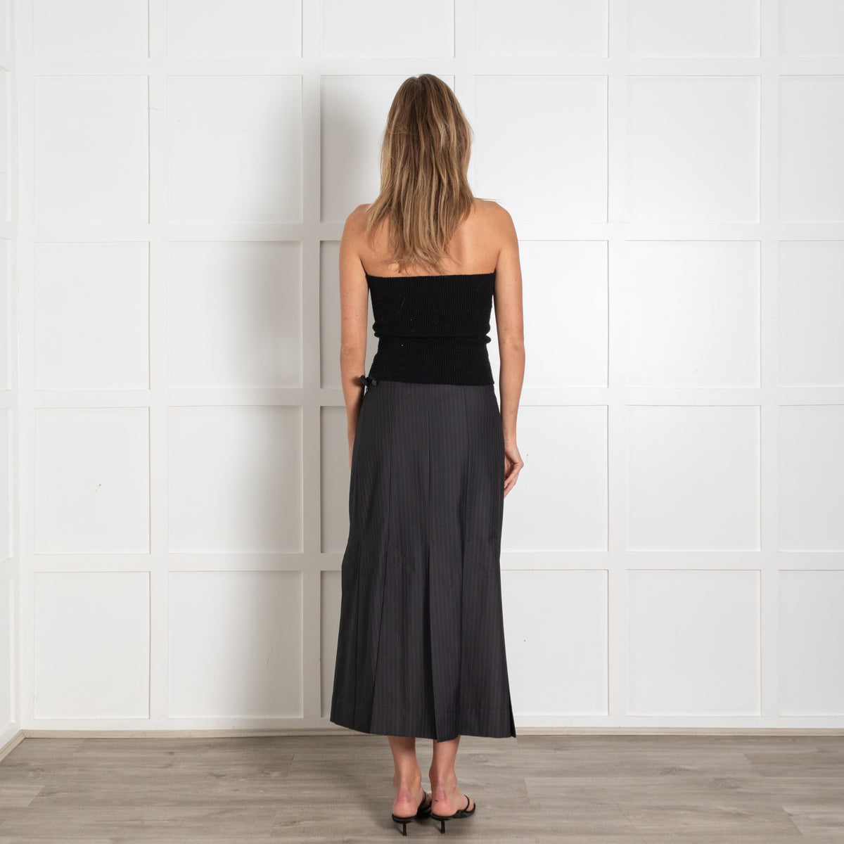 Ganni Dark Grey and Navy Pinstripe Midi Skirt - Image 5