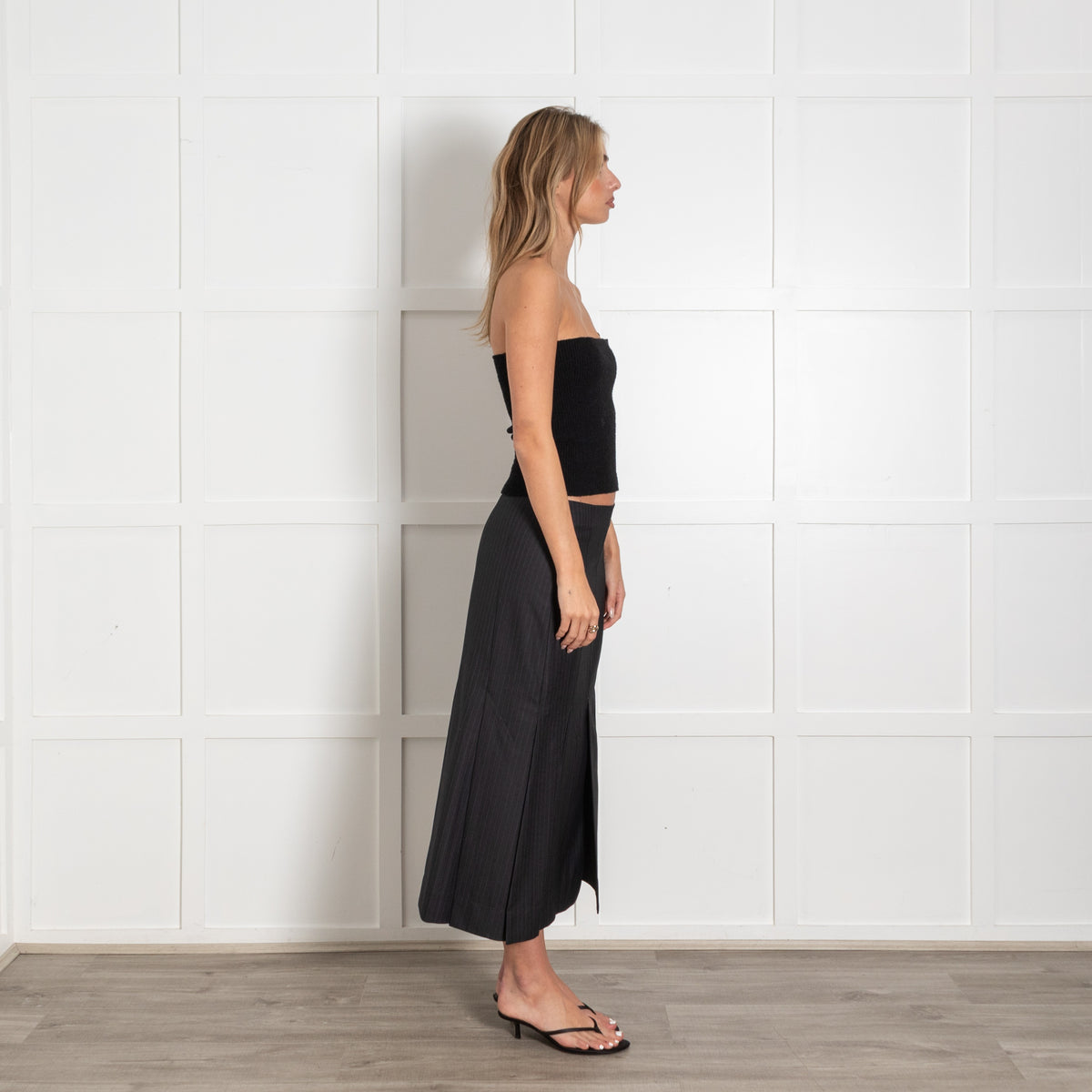Ganni Dark Grey and Navy Pinstripe Midi Skirt - Image 6
