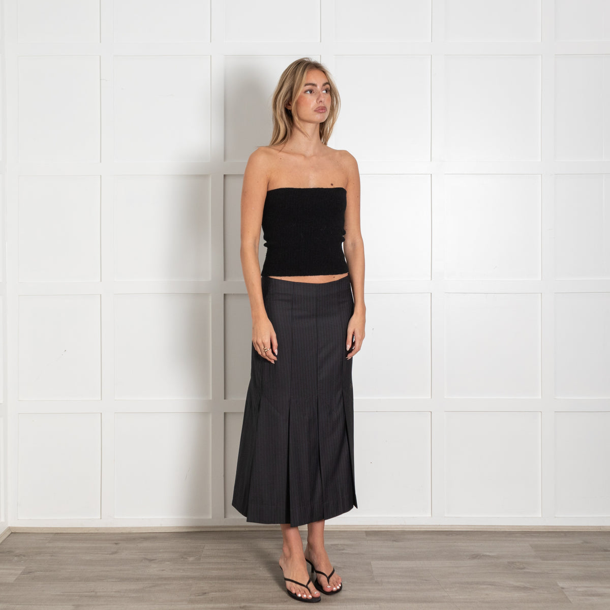 Ganni Dark Grey and Navy Pinstripe Midi Skirt - Image 7