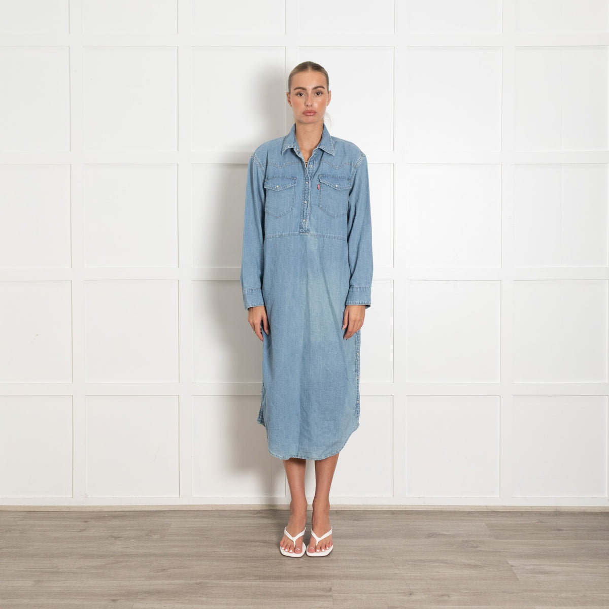 Blue Side Button Detail Denim Dress - Image 1
