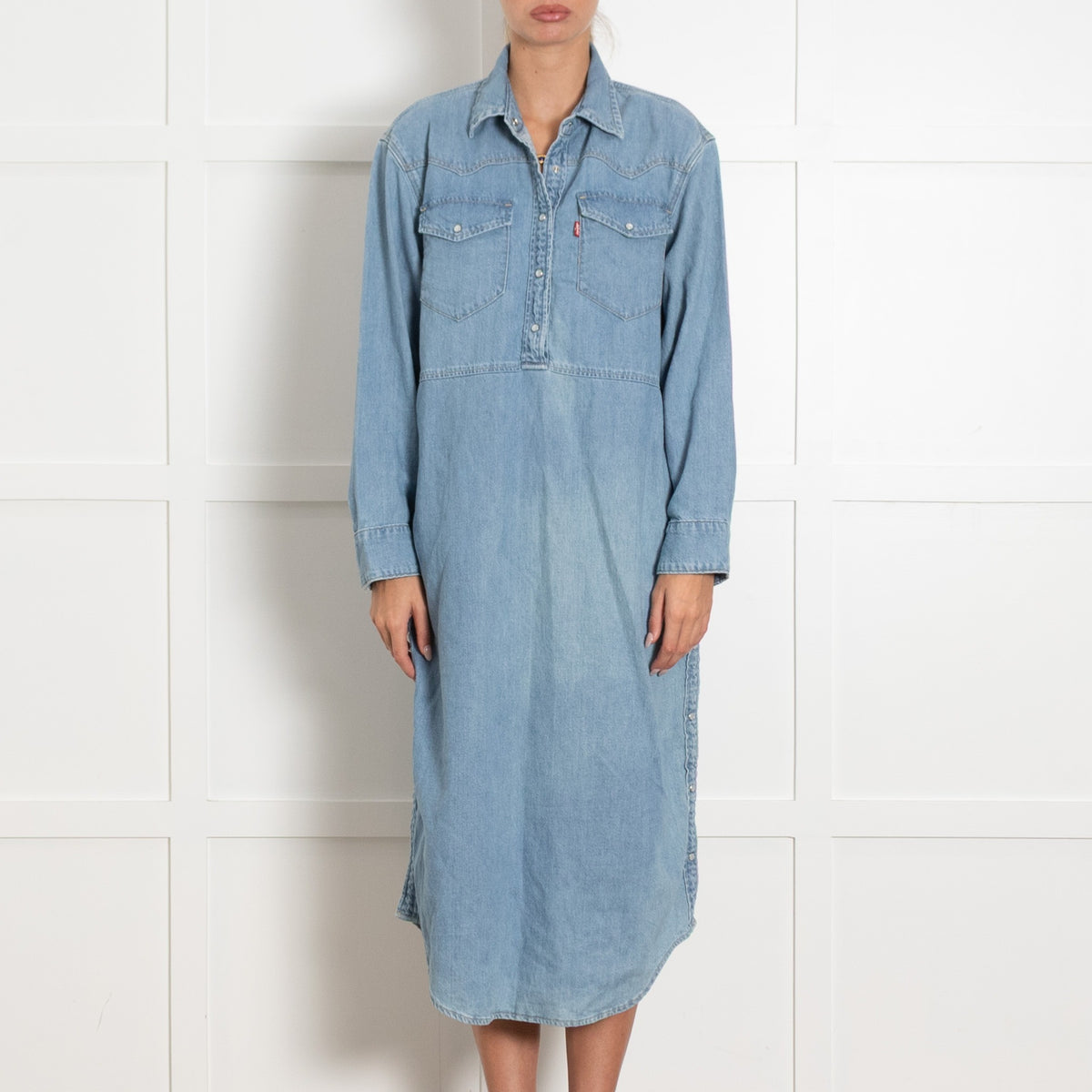 Blue Side Button Detail Denim Dress - Image 2