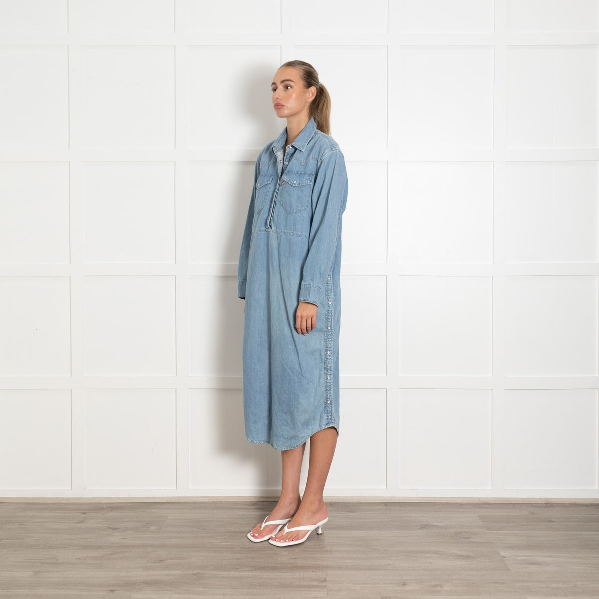 Blue Side Button Detail Denim Dress - Image 3