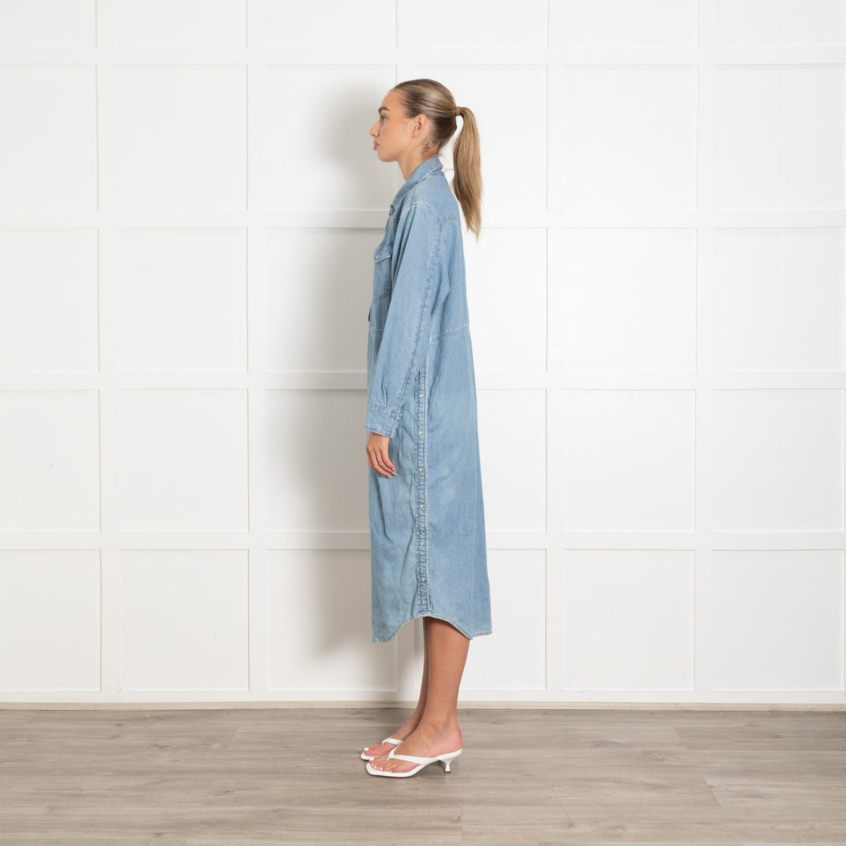 Blue Side Button Detail Denim Dress - Image 4