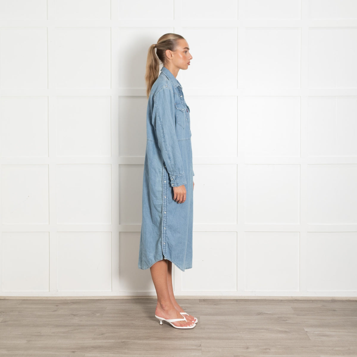 Blue Side Button Detail Denim Dress - Image 6