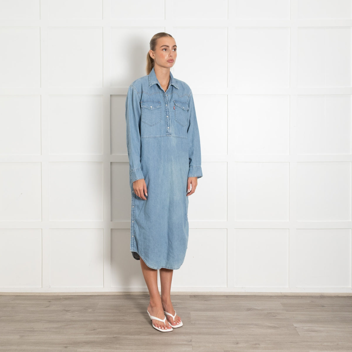Blue Side Button Detail Denim Dress - Image 7