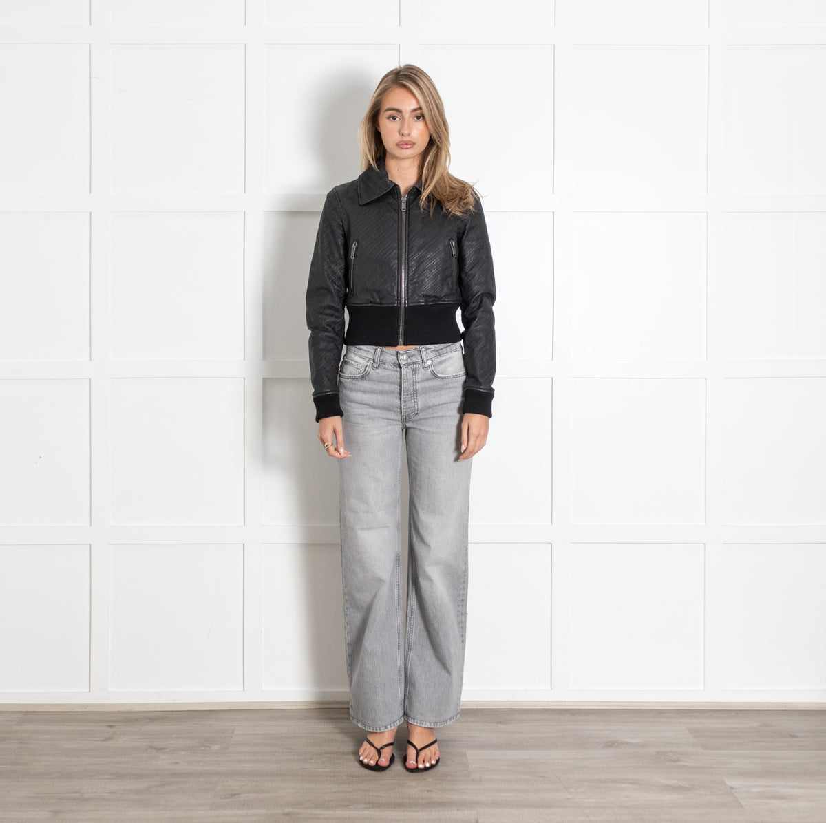 Black Embossed Logo Leather Bomber Jacket - Image 1