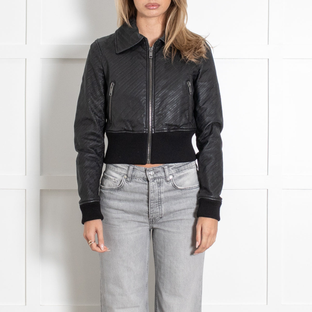 Black Embossed Logo Leather Bomber Jacket - Image 2