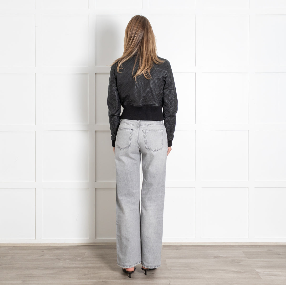 Black Embossed Logo Leather Bomber Jacket - Image 5