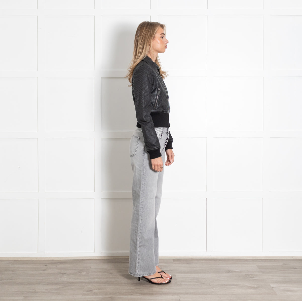 Black Embossed Logo Leather Bomber Jacket - Image 6