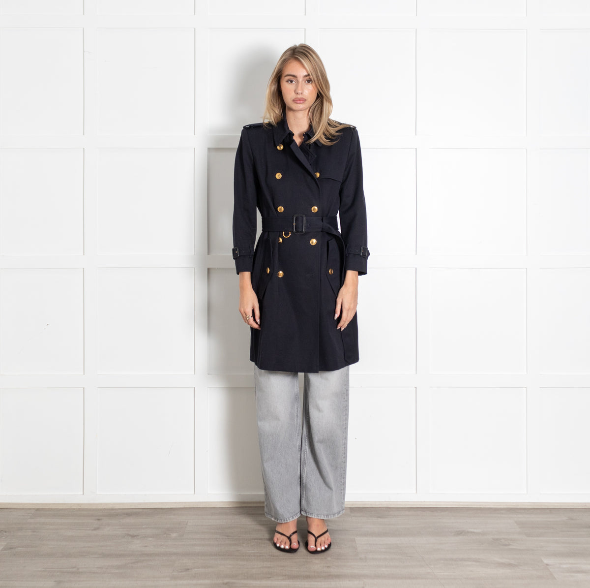 Black Gold Buttons Double-Breasted Trench Coat - Image 1