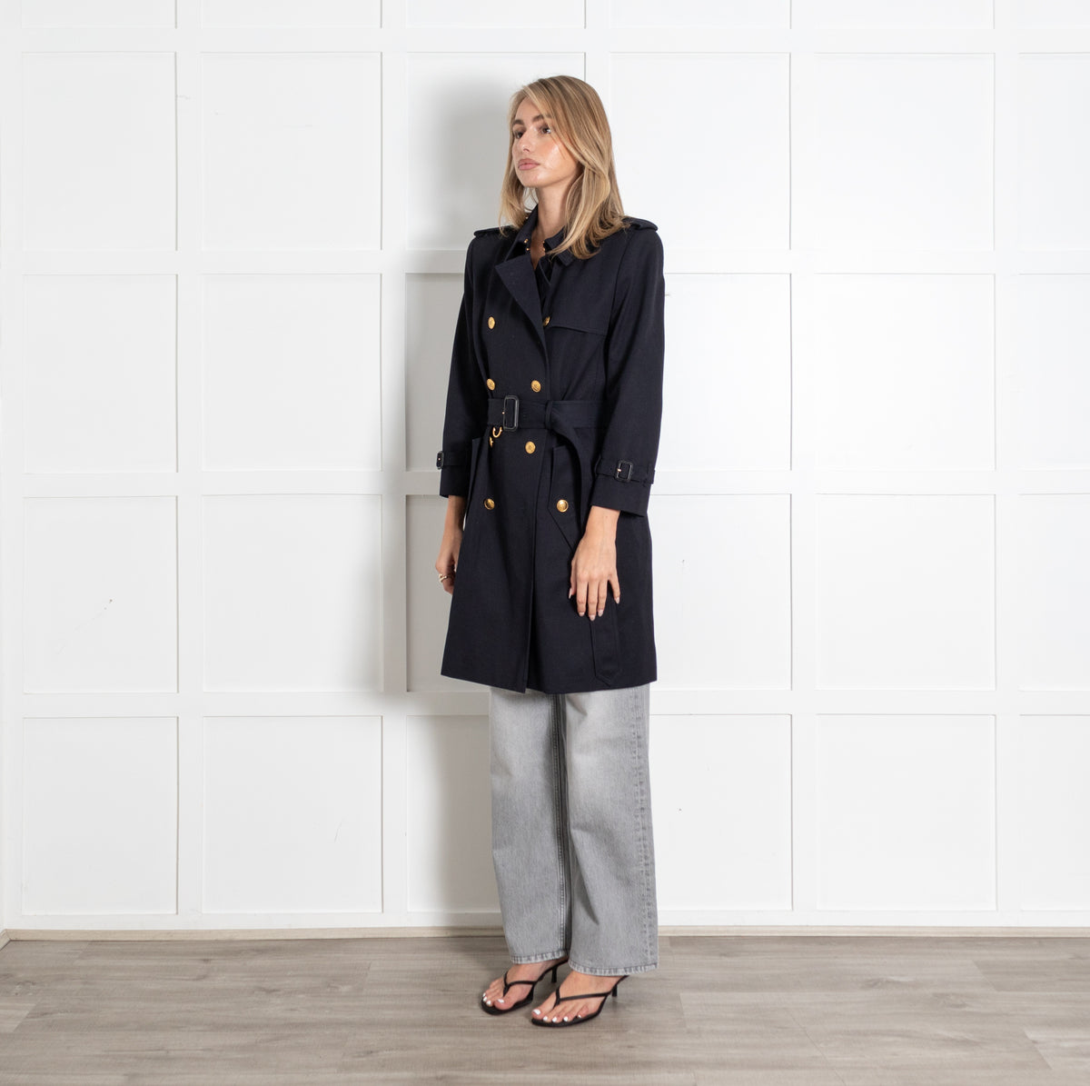 Black Gold Buttons Double-Breasted Trench Coat - Image 3