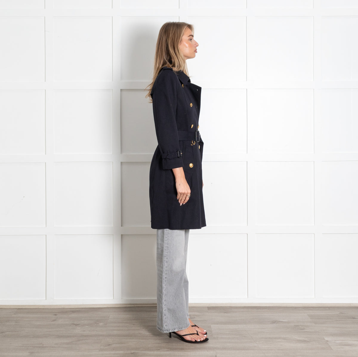 Black Gold Buttons Double-Breasted Trench Coat - Image 6