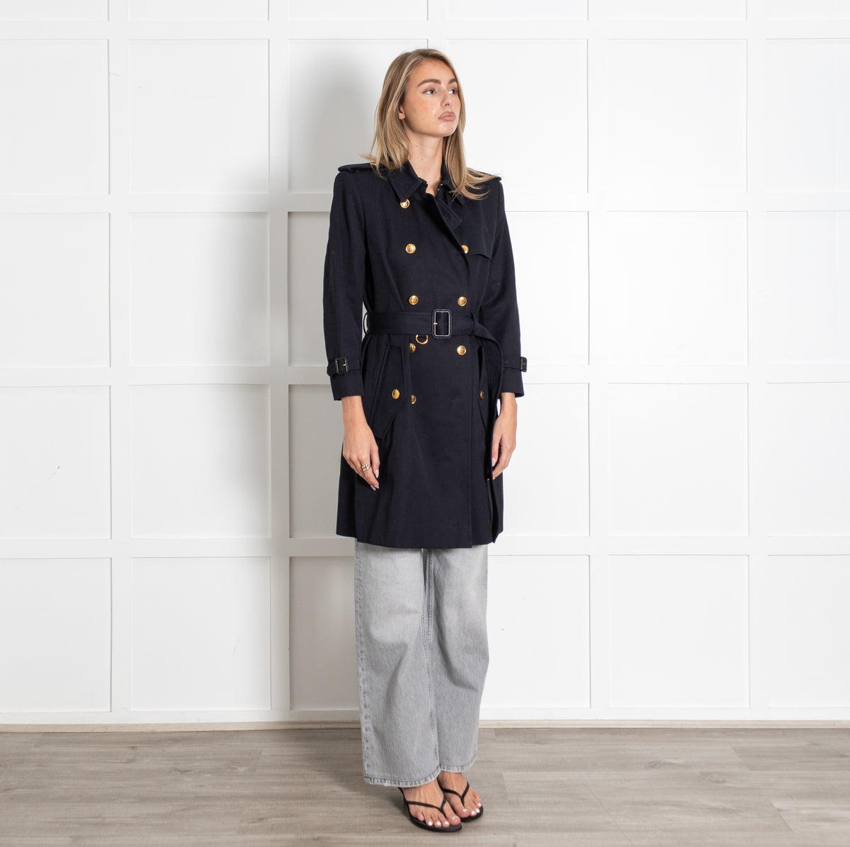 Black Gold Buttons Double-Breasted Trench Coat - Image 7