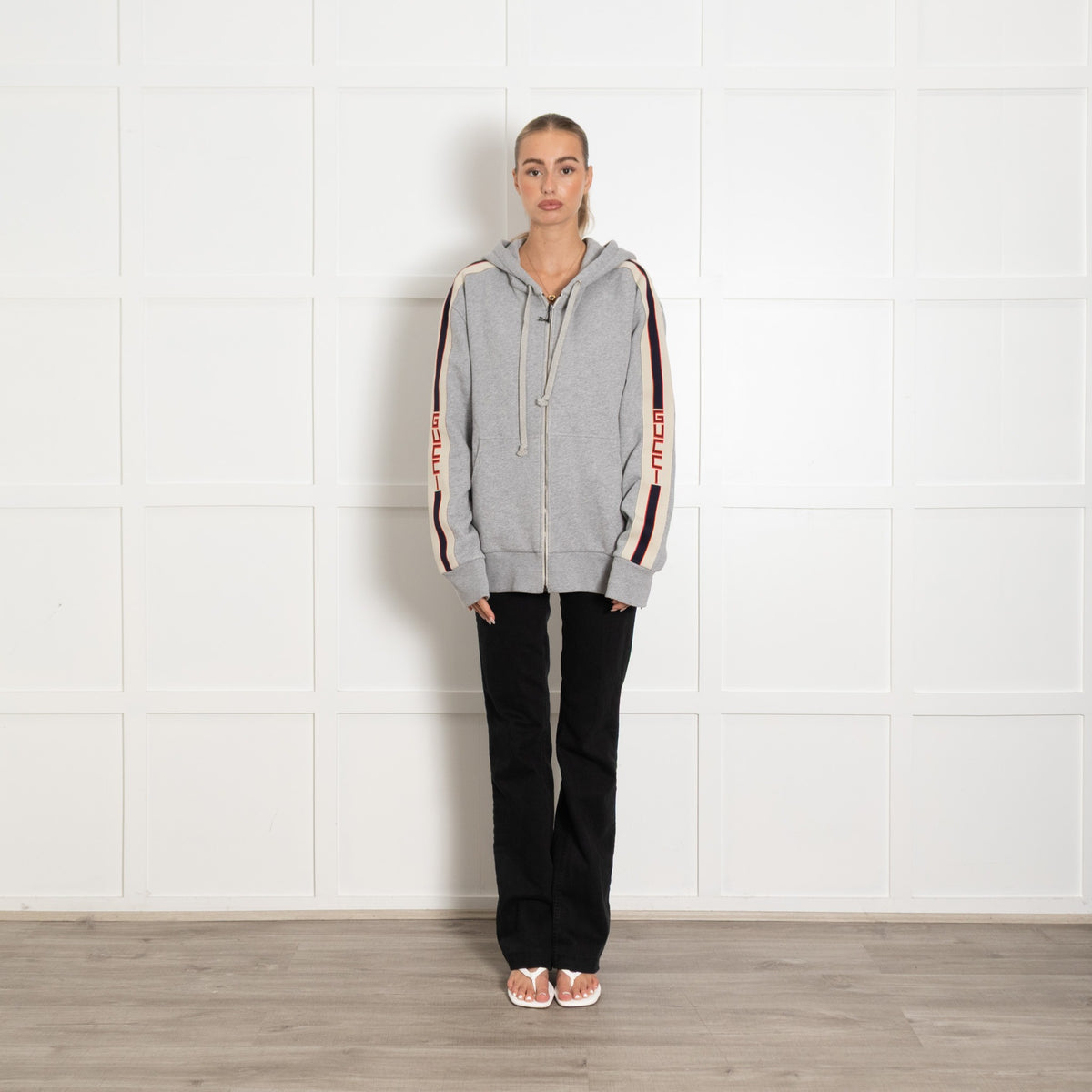 Gucci Grey Hoodie with Gucci Logo Panels - Image 1