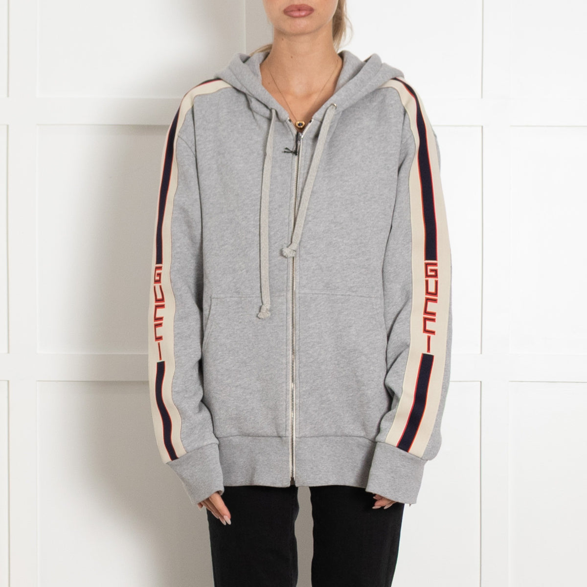 Gucci Grey Hoodie with Gucci Logo Panels - Image 2