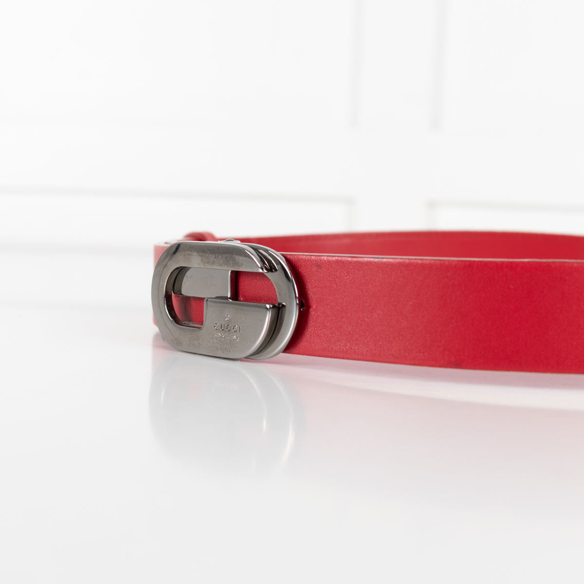 Gucci Red Leather Silver Buckle Belt - Image 7