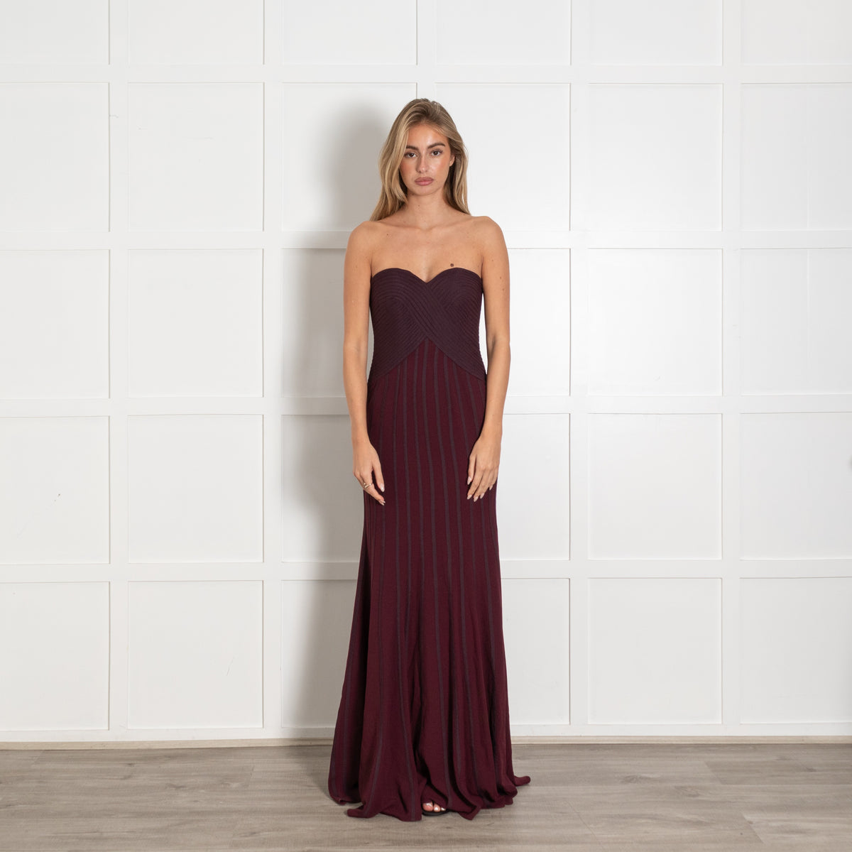Halston Heritage Burgundy Striped Fitted Strapless Maxi Dress - Image 1