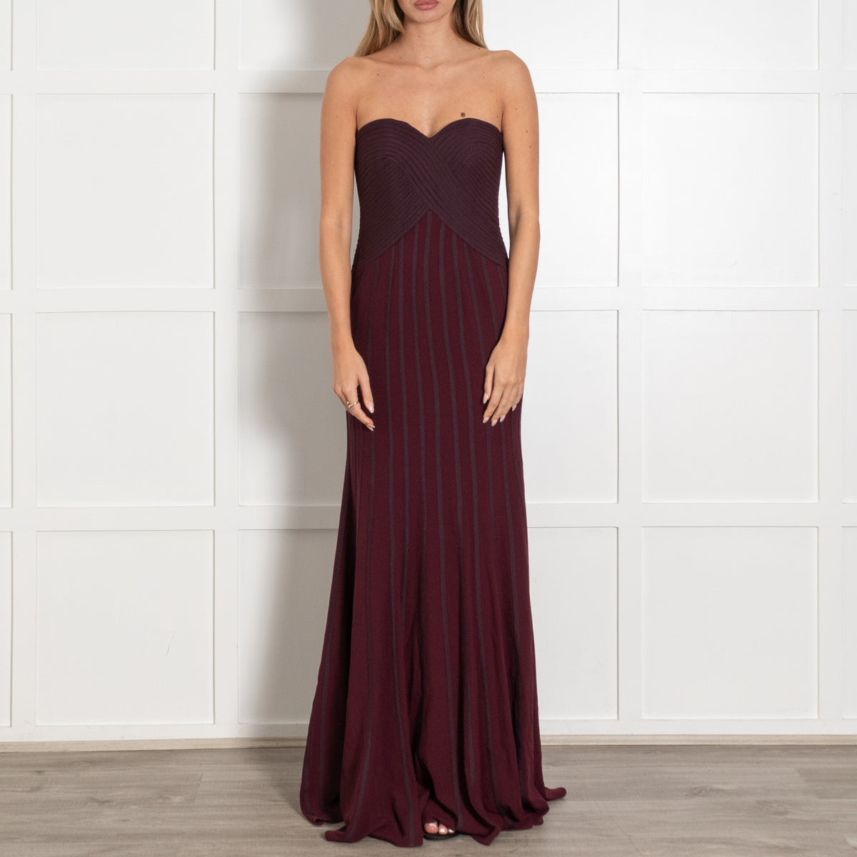Halston Heritage Burgundy Striped Fitted Strapless Maxi Dress - Image 2