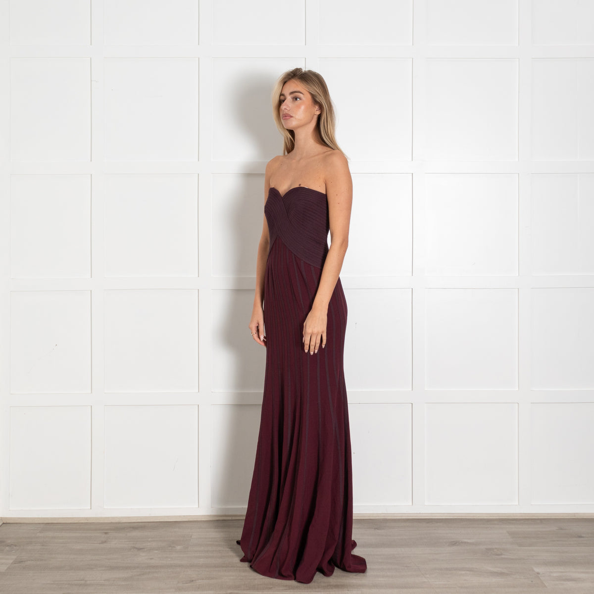 Halston Heritage Burgundy Striped Fitted Strapless Maxi Dress - Image 3